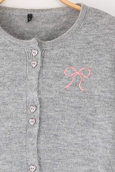 Trendyol Collection Gray Heart Button Detailed Ribbon Embroidered Soft Textured Knitwear Cardigan Twoaw26Hi00006
