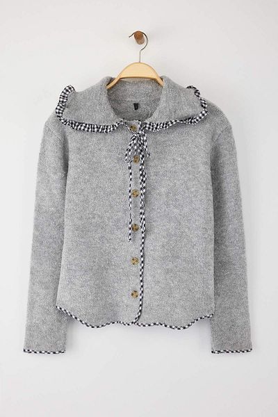 Trendyol Collection Gray Soft Textured Garni Detailed Turn-Down Collar Wide Fit Coat-Look Knitwear Cardigan Twoaw26Hi00009