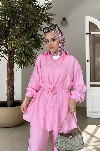 Aselim Hijap Moda Καλοκαιρινό κοστούμι με λινό πουκάμισο Strawberry – Άνετη κομψότητα με παντελόνι τσέπης (μέγεθος 36-48) ροζ