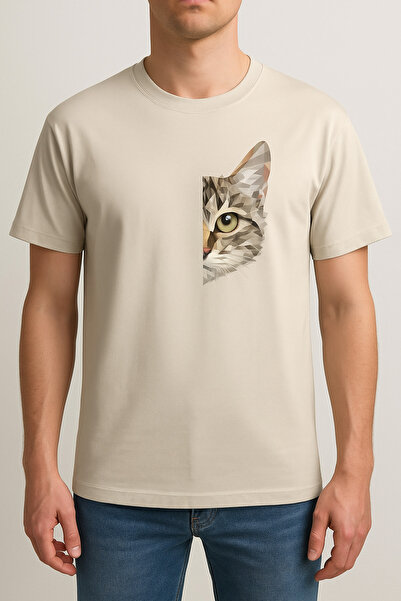 ocke تي شيرت مطبوع عليه قطة كبير الحجم بدون أكتاف باللون البيج للجنسين