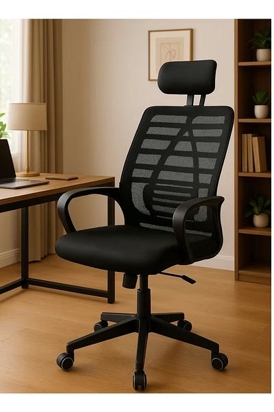 ALMUFARREJ Height Adjustable Foam & Fibre Blend Swivel Mesh Office Chair Black