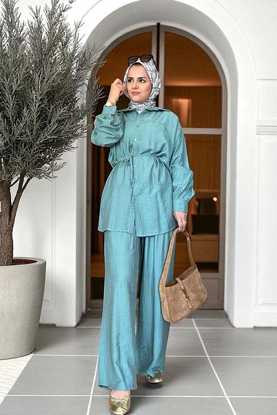 Aselim Hijap Moda Καλοκαιρινό κοστούμι με λινό πουκάμισο Strawberry – Άνετη κομψότητα με παντελόνι τσέπης (μέγεθος 36-48) Πράσινο μέντας