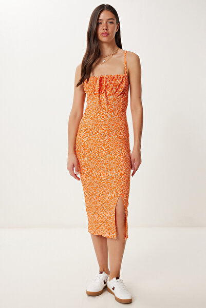 Lovelyİstanbul Καλοκαιρινό πλεκτό φόρεμα με φλοράλ μοτίβο λευκό πορτοκαλί Lcı0003