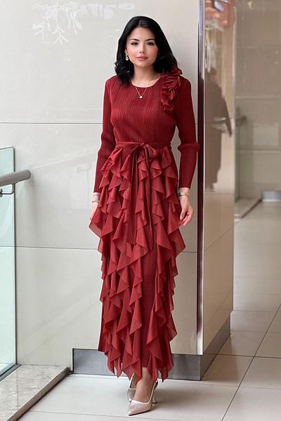 Mahal Ruffled Accordion Dress with Roses on the Shoulder