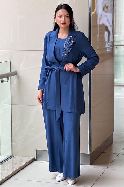 Nurcan Çetin 3 Piece Set with Floral Embroidered Collar, Sleeveless Underwear and Trousers