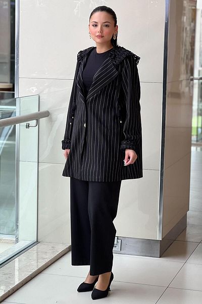 Ghisa Hooded and Sleeve Mesh Striped Jacket Pants Set