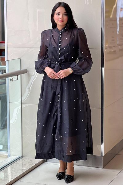 Mahal Organza Dress with Stone Buttons and Spreading Stones