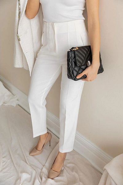 A&O Style Women's White High Waist Carrot Model Fabric Trousers with Pockets on the Front