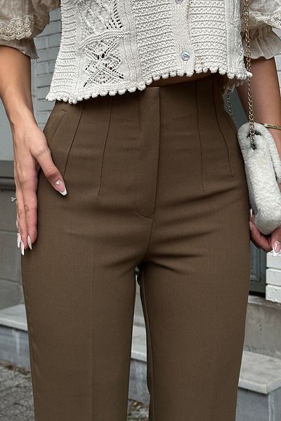 A&O Style Women's Bitter Brown High Waist Carrot Model Fabric Trousers with Pockets on the Front