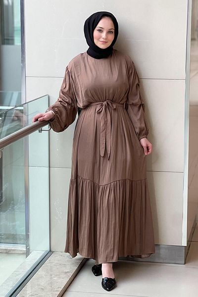 Ceremony Belted Waist and Gathered Sleeves Memol Cupra Dress