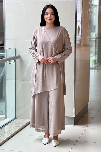 Ceremony Tunic Front Half Chiffon Trousers Chiffon Slit Detail Sandy Suit