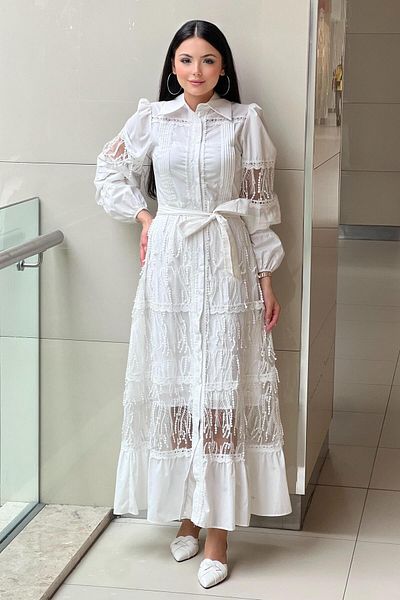 Mahal Organza Detailed Ball Fringed Poplin Dress