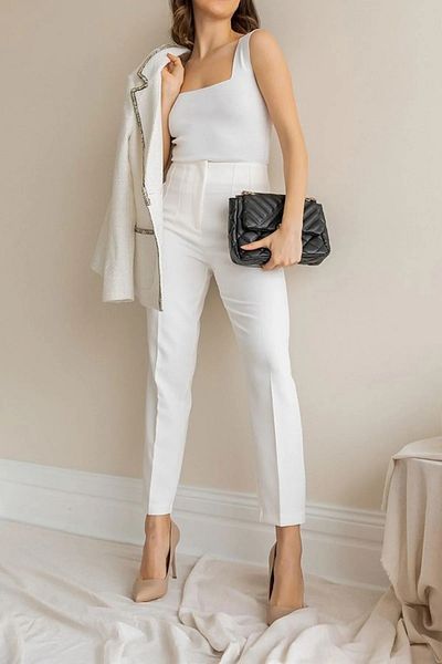A&O Style Women's White High Waist Carrot Model Fabric Trousers with Pockets on the Front