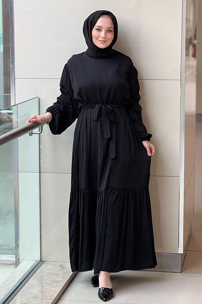 Ceremony Belted Waist and Gathered Sleeves Memol Cupra Dress