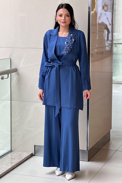 Nurcan Çetin 3 Piece Set with Floral Embroidered Collar, Sleeveless Underwear and Trousers