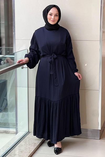 Ceremony Belted Waist and Gathered Sleeves Memol Cupra Dress