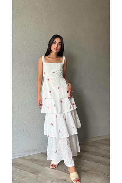 Afiş Butik White Fisto Thick Strap Floor Skirt Red Patterned Dress
