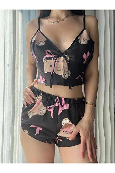 dedo Costum de pantaloni scurți din satin cu model ursuleț negru pentru femei