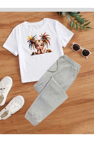 cm buseyiz Cute Friends Printed T-Shirt & Elastic Sweatpants Girls' Bottom-Top Set