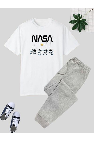 cm buseyiz Tricou de bază cu imprimeu Nasa și pantaloni de jos cu nervuri pentru băieți - Set de sus