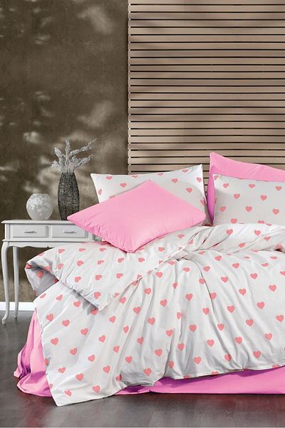CANDAN ÇEYİZ Set de lenjerie de pat cu inimă roz din 3 piese din bumbac elastic cu cearșafuri simple