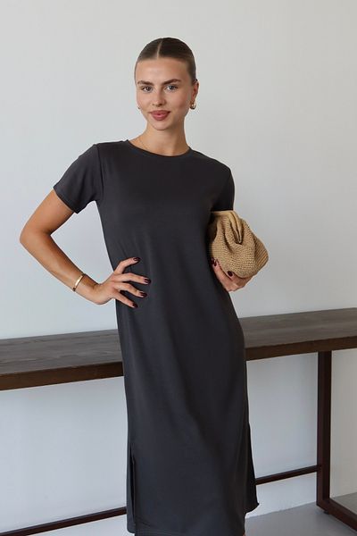 Mogi Butik Γυναικείο φόρεμα Modal υφασμάτινο μισό μανίκι με σχισμή κάτω από το γόνατο 3083