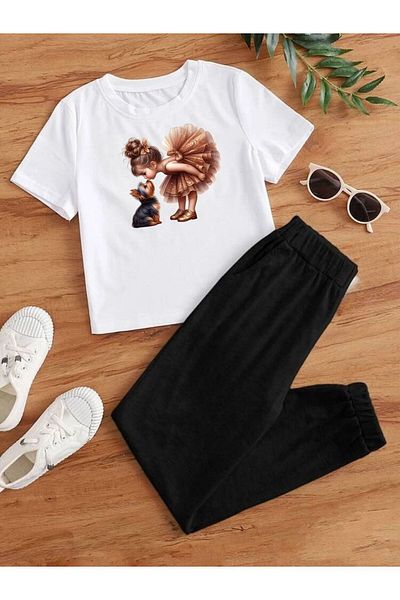 cm buseyiz Cute Girls and Dog Printed T-Shirt & Elastic Bottom Girls' Bottom-Top Suit