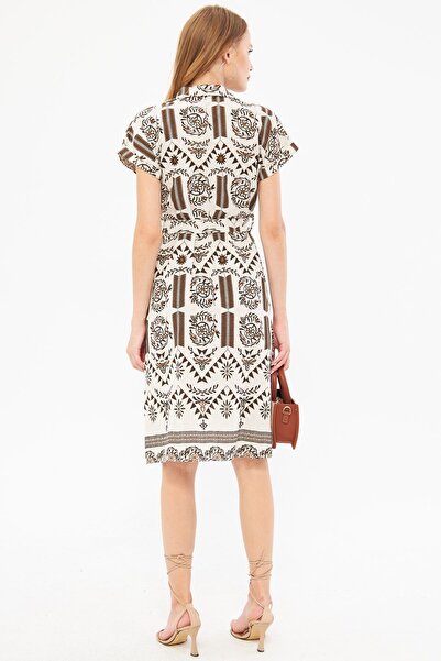 armonika Φόρεμα κοντομάνικο πουκάμισο με λινό στάμπα καφέ - Λεπτομέρεια ζώνης μέσης ARM-24Y 001108