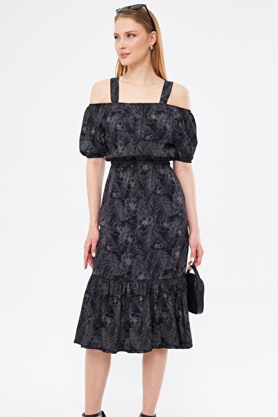 armonika Women's Anthracite Patterned Elastic Waist Strap Dress Arm-23y001053