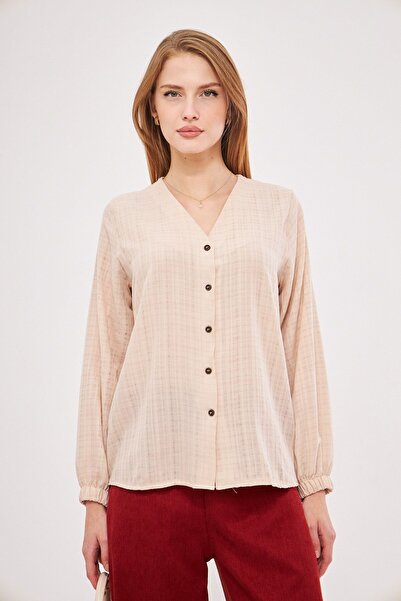 armonika Kadın Ekru Kolu Lastikli Bürümcük Gömlek ARM-24K001002