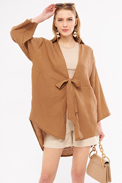 armonika Cămașă kimono maro cu aspect de in - cravată în față, ARM-24Y001063