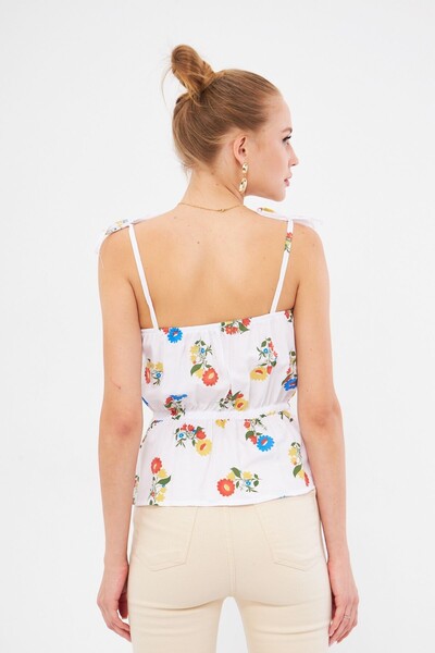 armonika White Patterned Strapless Crop Blouse - Elastic Waist, Tie Detailed Arm-24Y 001116