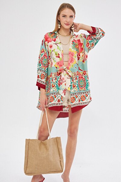 armonika Burgundy Sa deznom Kimono košulja - Prednja Na vezivanje , Žene, ARM...