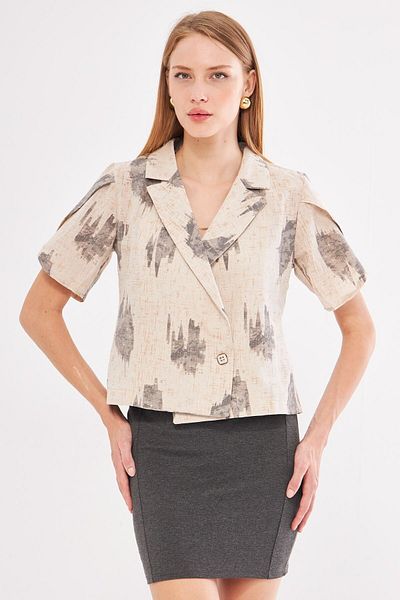 armonika Smoked Linen Patterned Women's Crop Jacket with Slits - ARM-24Y001095