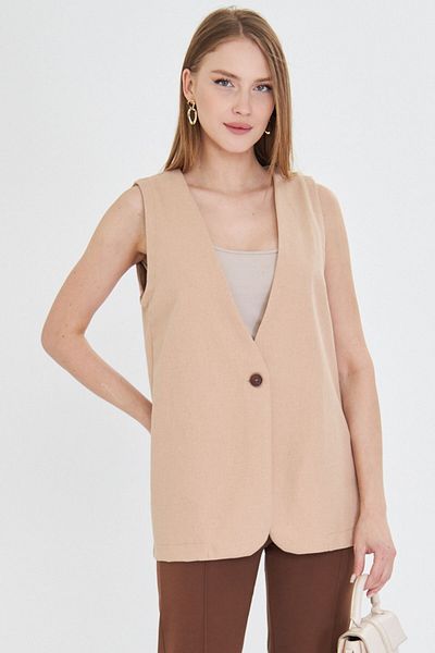 armonika Γυναικείο Μπεζ V-λαιμόκοψη μονό κουμπί Oversize Γιλέκο ARM-25Y 001036