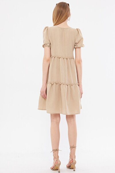 armonika Beige V-Neck Frilly Linen Look Women's Dress - ARM-24Y001071