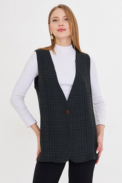 armonika Women's Khaki V-Neck Single Button Oversize Patterned Vest Arm-25K 001110