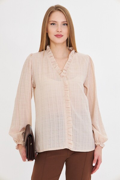 armonika Γυναικεία μπεζ μακρυμάνικη μπλούζα με λεπτομέρεια βολάν και ελαστικά μανίκια ARM-25K001030