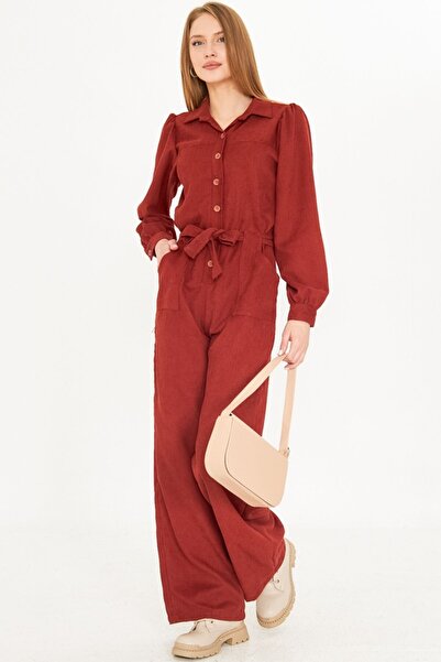 armonika Women's Tile Front Button Pocket Belted Velvet Jumpsuit Arm-25K 001084