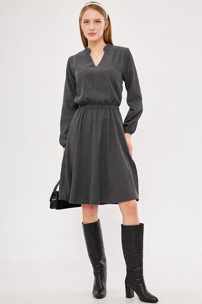 armonika Smoked Velvet Flared Dress - V-Neck, Elastic Waist, Slim Corduroy Arm-25K 001049