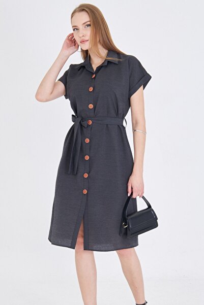 armonika Γυναικείο φόρεμα με κοντομάνικο πουκάμισο με ζώνη μέσης Anthracite ARM-25Y001065