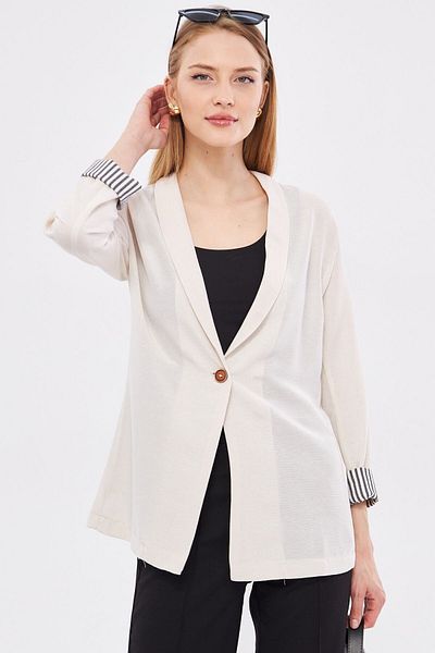 armonika Dámská ecru bunda s proužkovaným rukávem na jeden knoflík ARM-22K 001122