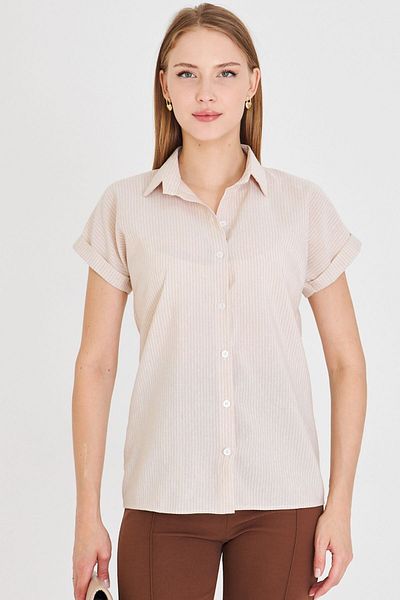 armonika Women's Beige Striped Short Sleeve Shirt Arm-25Y001059