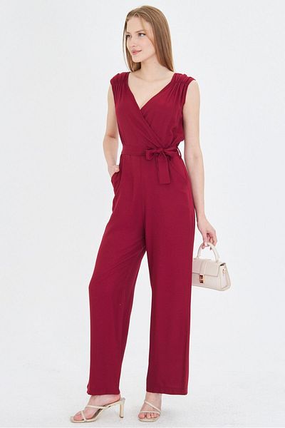 armonika Women's Burgundy Double Breasted Collar Shoulder Rubber Detailed Back V Belted Long Jumpsuit Arm-24Y 001049
