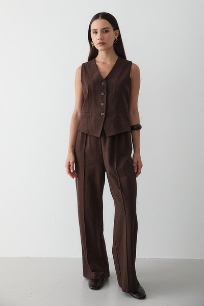 JASTE Women's Buttoned Vest & Palazzo Elastic Waist Trousers Linen Suit