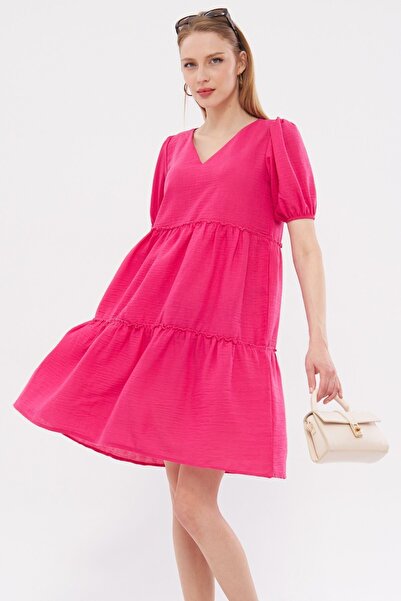 armonika Fuchsia V-Neck Short Sleeve Frilly Linen Look Women's Dress - ARM-24...