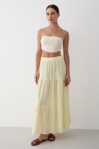 JASTE Women's Yellow Layered Gathered Elastic Waist Linen Skirt