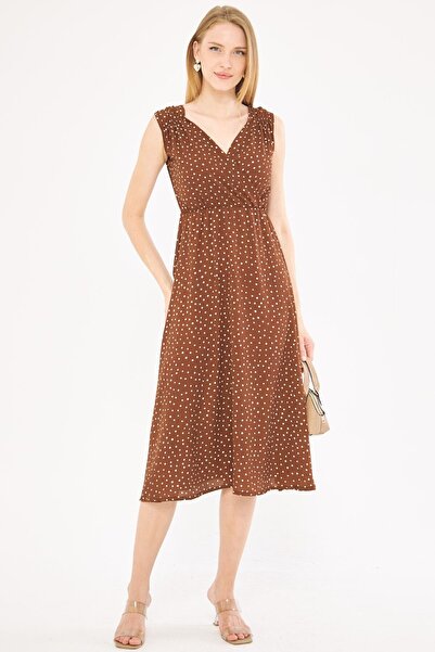 armonika Midi šaty s kávovým vzorem – dvouřadý límec s elastickým pasem a ramenem ARM-24Y001052