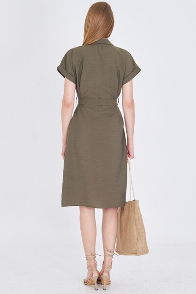 armonika Women's Khaki Waist Belted Short Sleeve Shirt Dress Arm-25Y001065