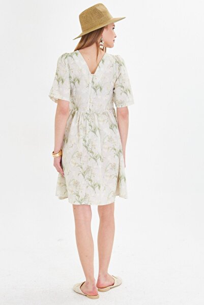 armonika Γυναικείο μπεζ φόρεμα με λαιμόκοψη με φερμουάρ στην πλάτη καρπούζι με μανίκια μέση με κορδόνι ARM-25Y001009